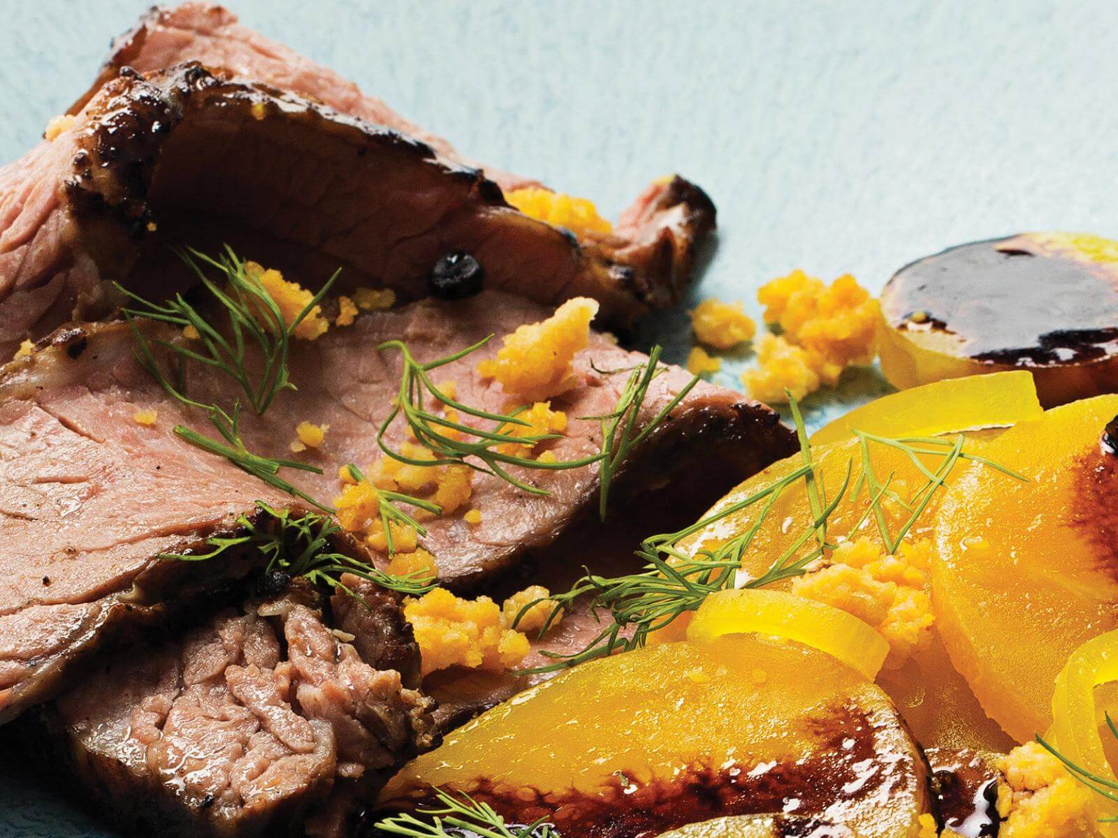 Sous Vide Smoked Brisket with Cornbread Crumble and Golden Beet Salad Sous Vide Smoked Brisket with Cornbread Crumble and Golden Beet Salad